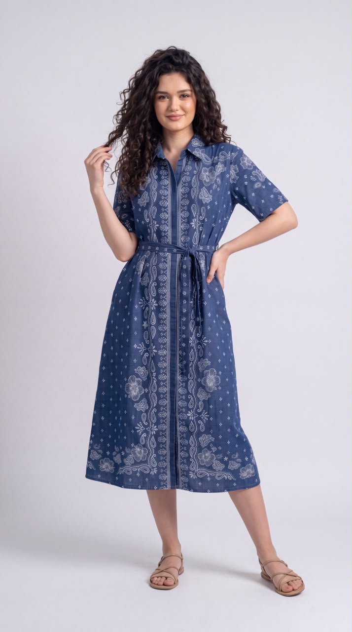 Floral Paisley Printed Denim Dress