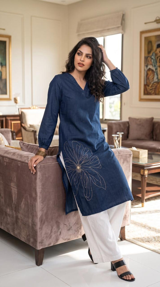 When Denim Blossoms Kurta - Etiquette Apparel