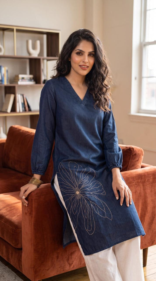 When Denim Blossoms Kurta - Etiquette Apparel