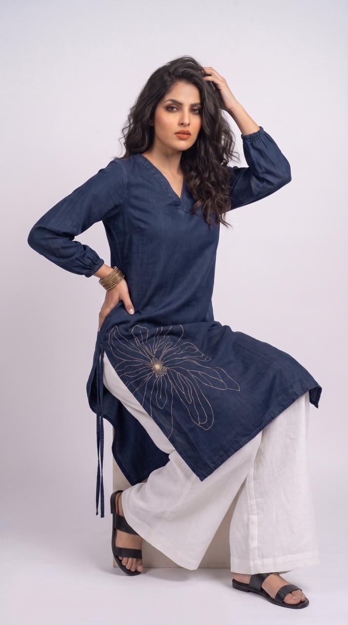 When Denim Blossoms Kurta - Etiquette Apparel