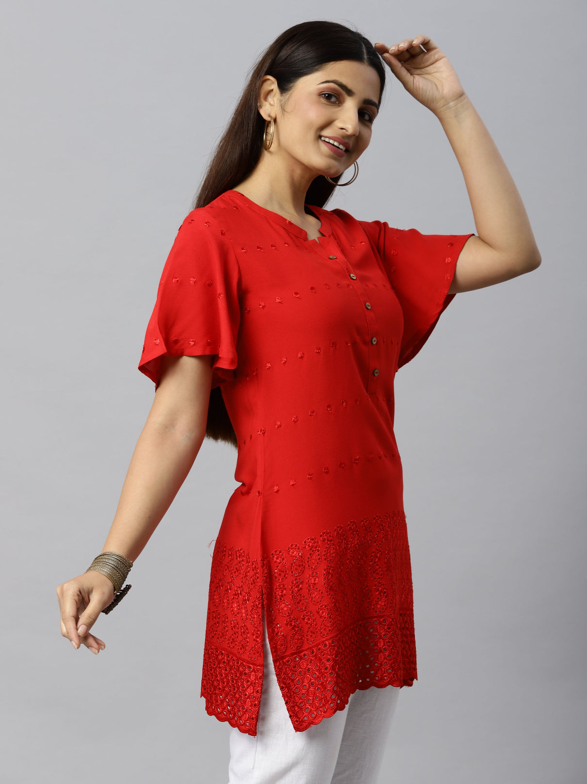 Embroidered top with flared short sleeve