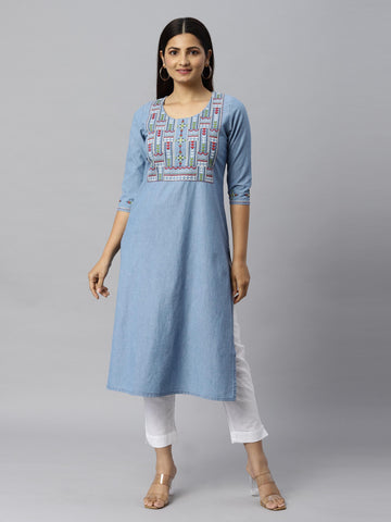 Denim indigo top with colourful thread and mirror work embroidery