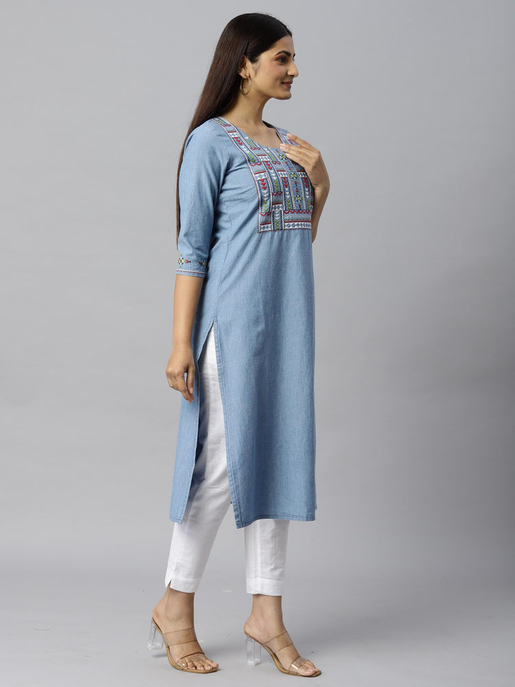Denim indigo top with colourful thread and mirror work embroidery