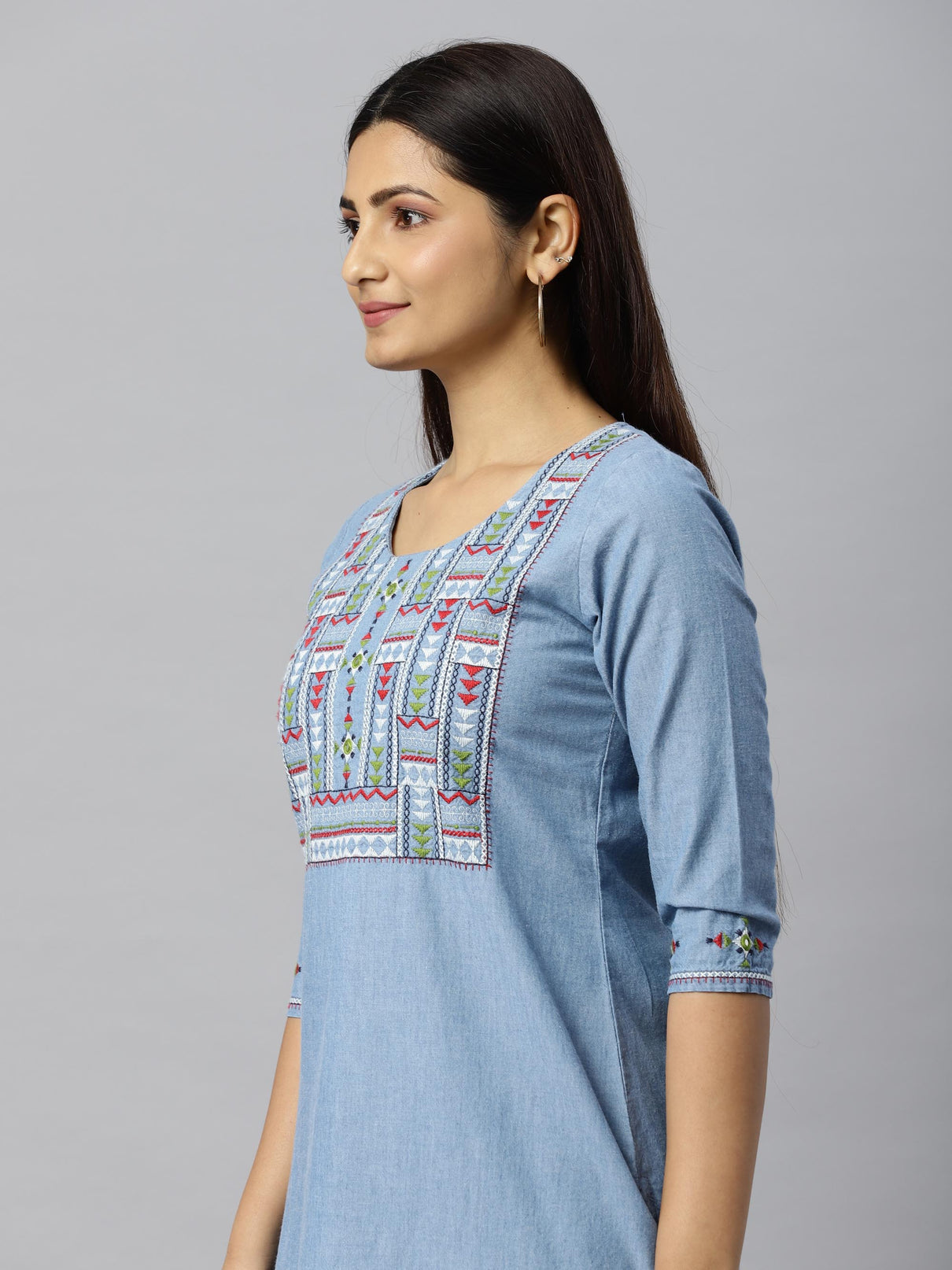 Denim indigo top with colourful thread and mirror work embroidery