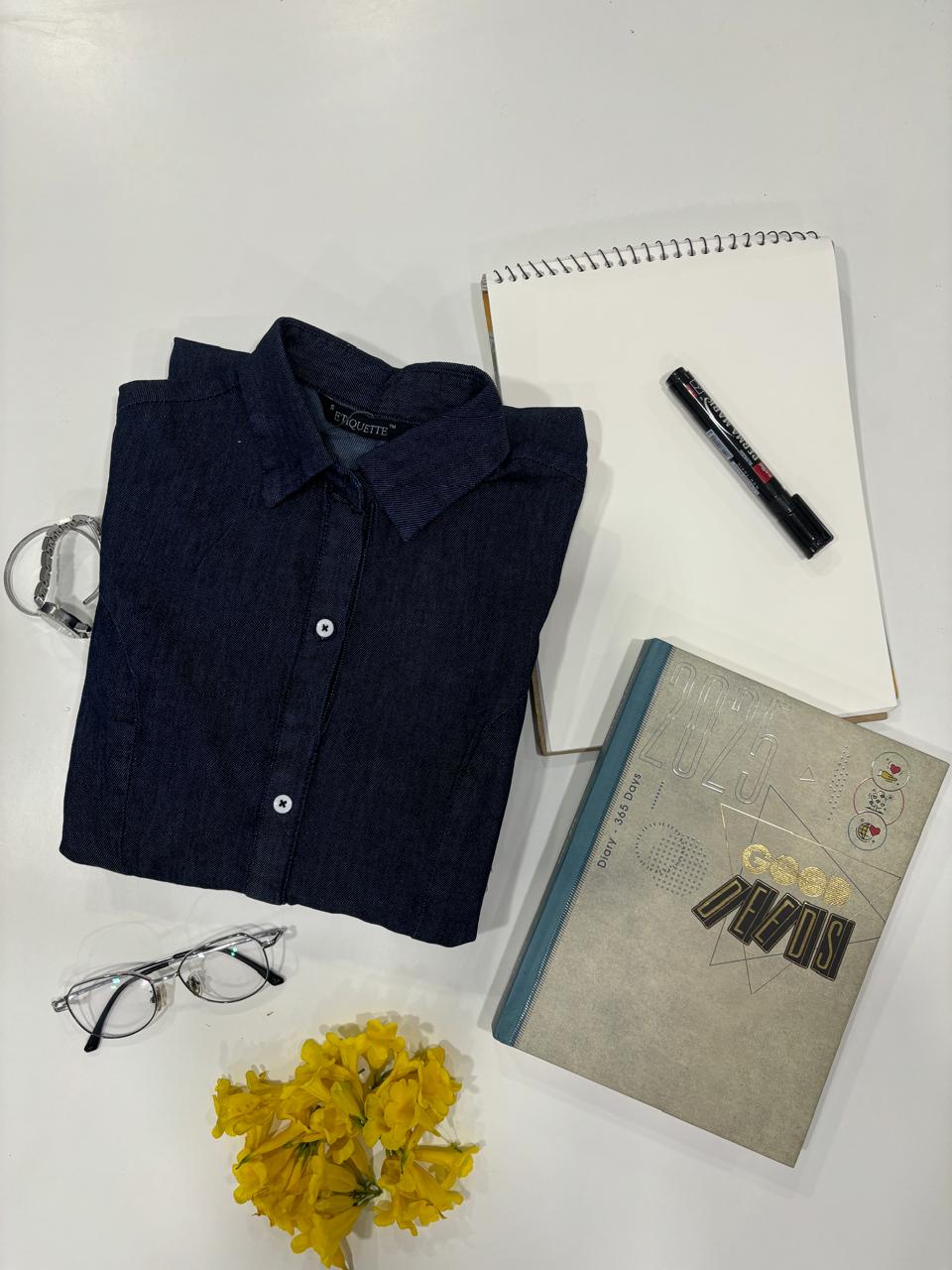 Indigo Denim Cutwork Dress - Etiquette Apparel